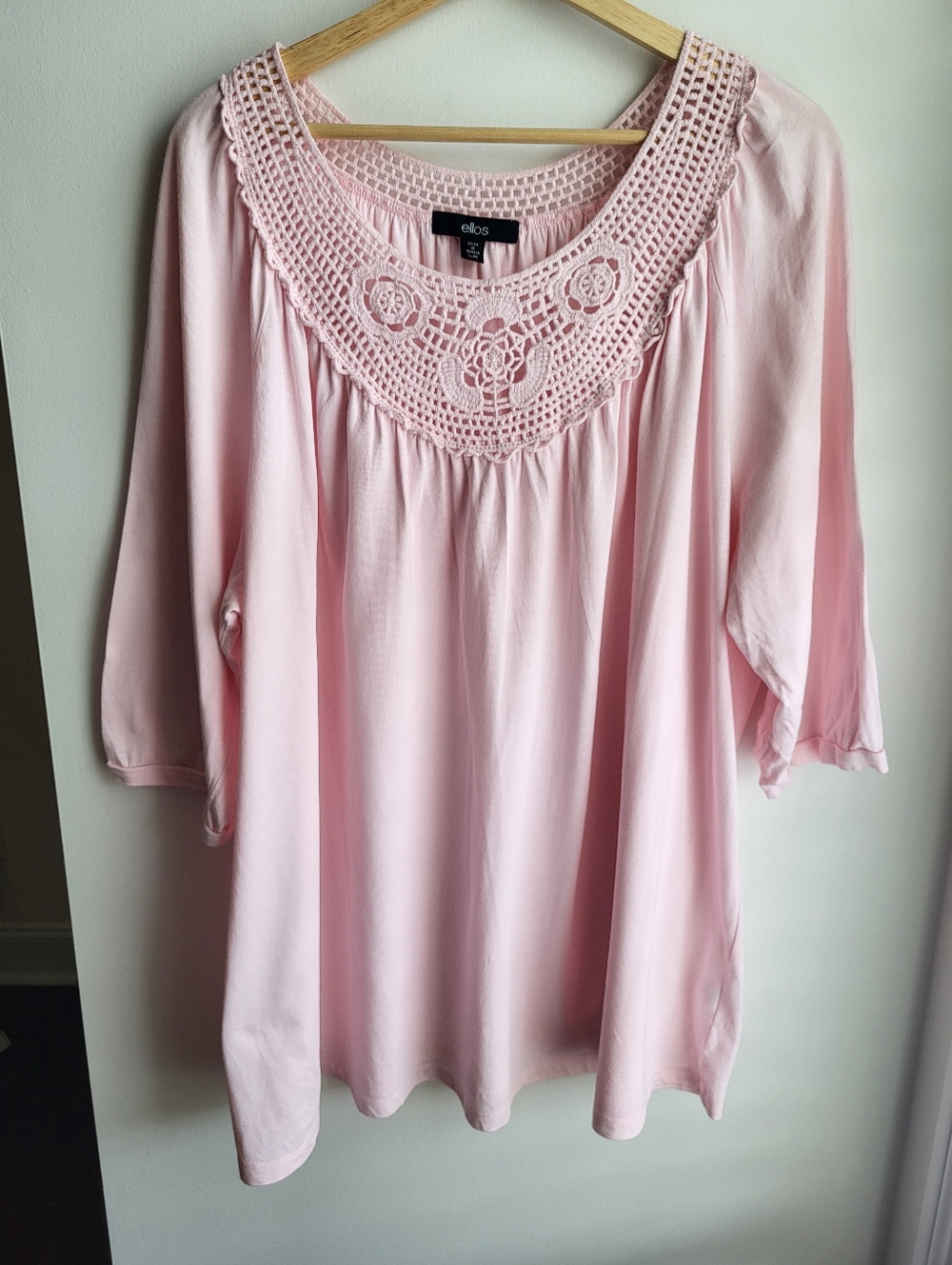 ellos Cotton/Modal Blend Light Pink Crochet-Yoke Peasant Tunic
